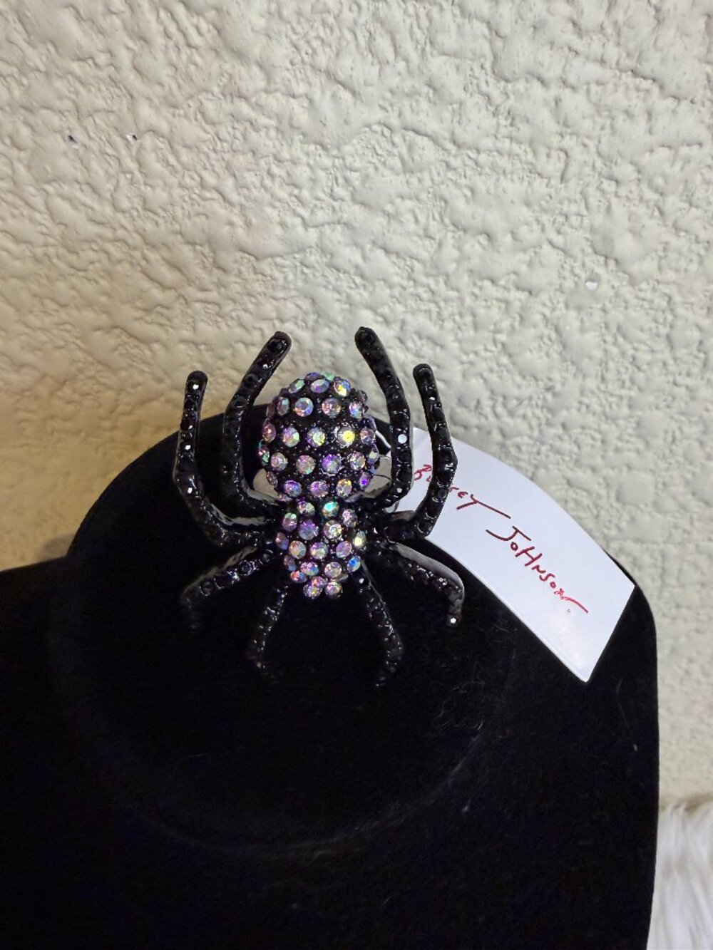 Betsey Johnson Black Crystal Spider Cocktail Stretch Ring Halloween NWT